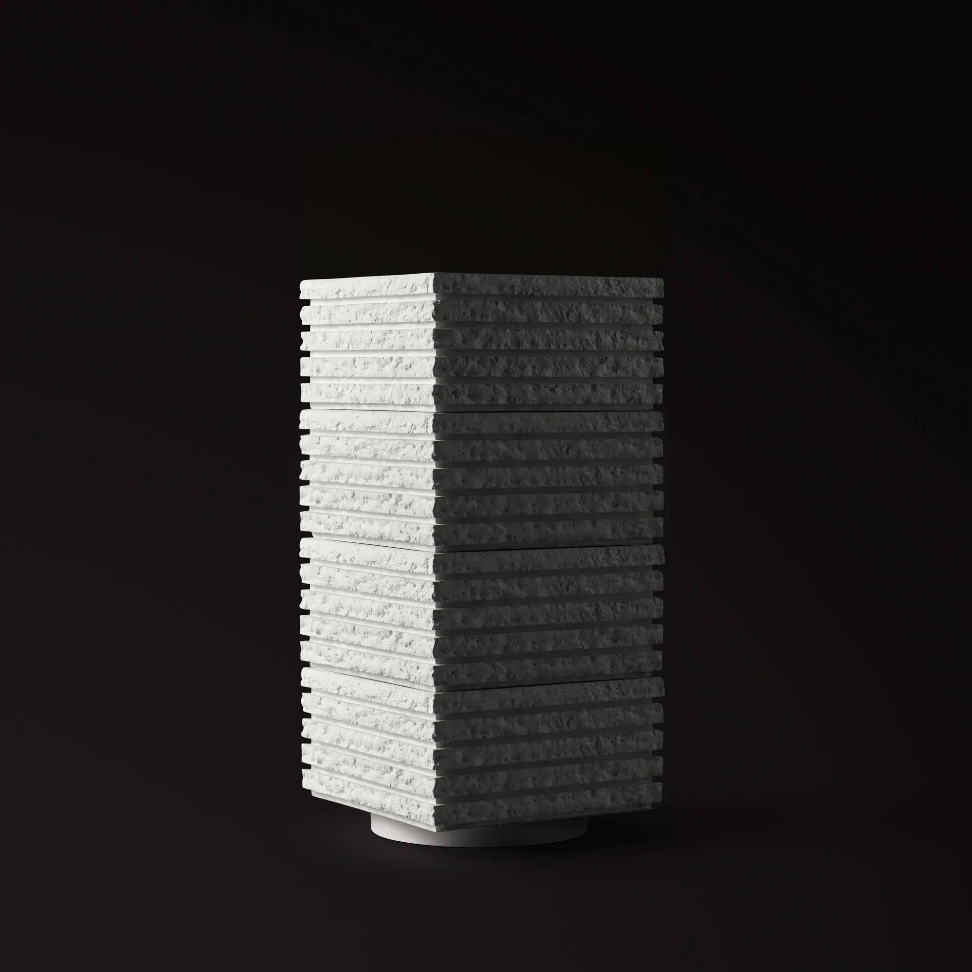 Atlas IV rendered with horizontal corduroy texture on every segment, half white and half charcoal