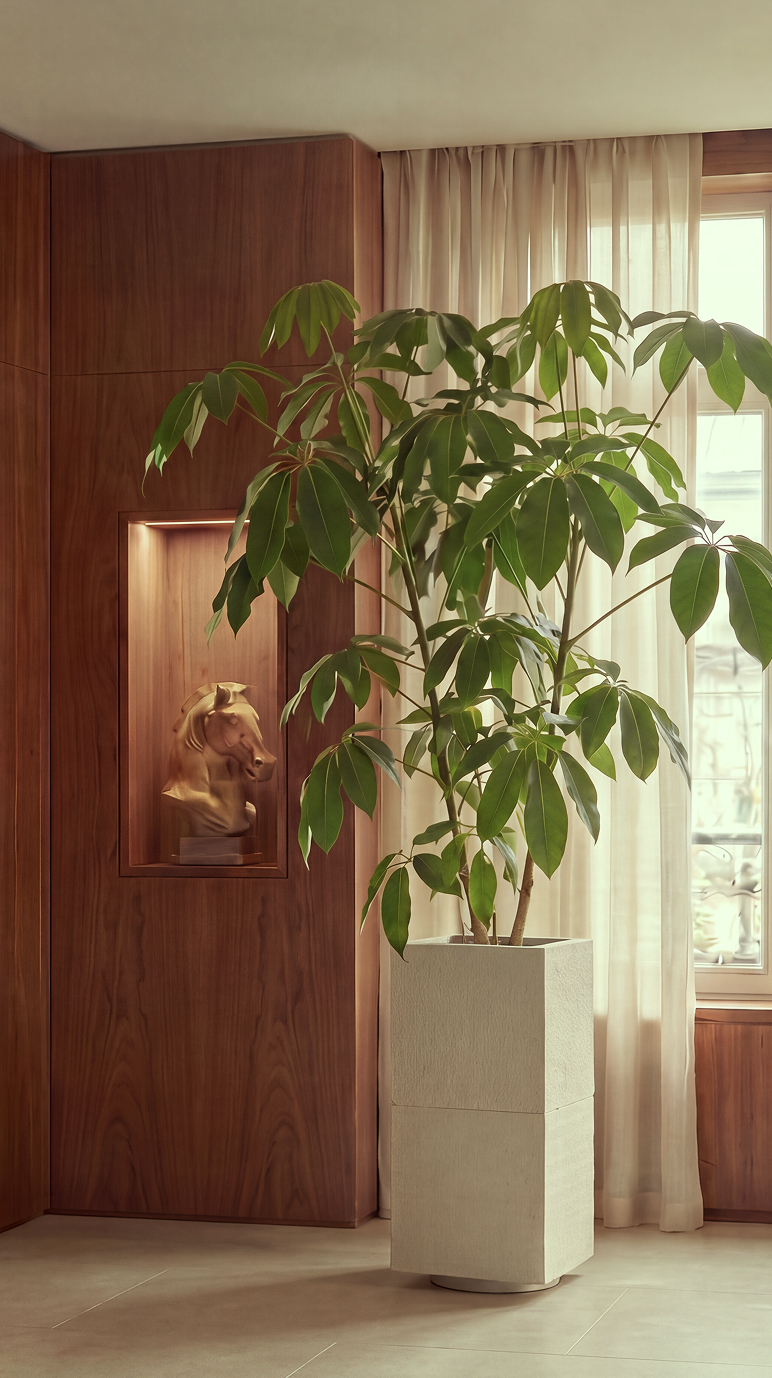 Apollo II planted with a leafy tree in a wood-panelled room beside sheer curtains