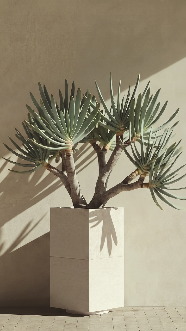 Apollo II holding a fan aloe, casting a hard shadow across a plaster wall