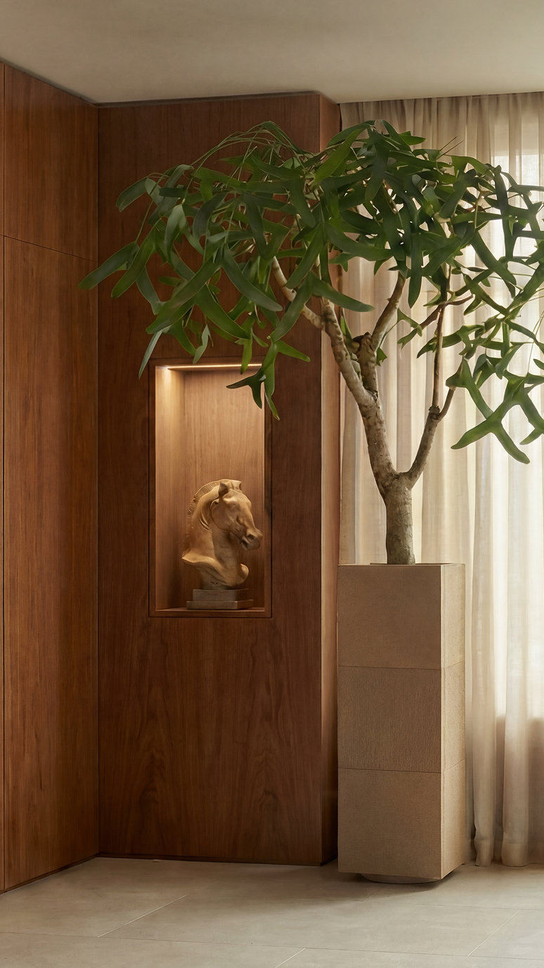 Apollo III planted with a slender tree in a wood-panelled room
