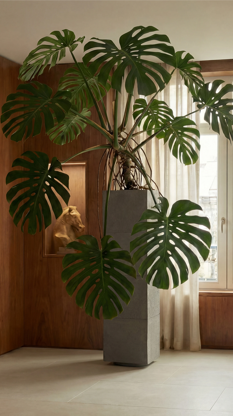Apollo IV in a dark finish, planted with a monstera in a wood-panelled room