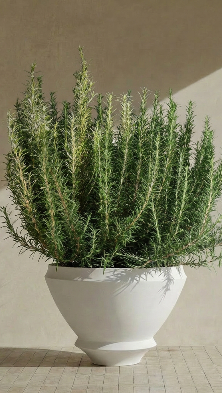 Artifact 01 planted with rosemary, sunlit against a warm plaster wall