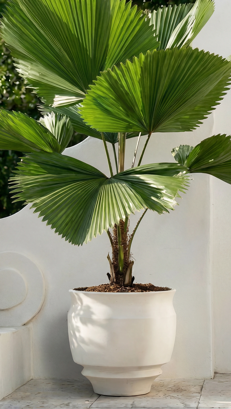 Artifact 02 holding a fan palm against a white wall
