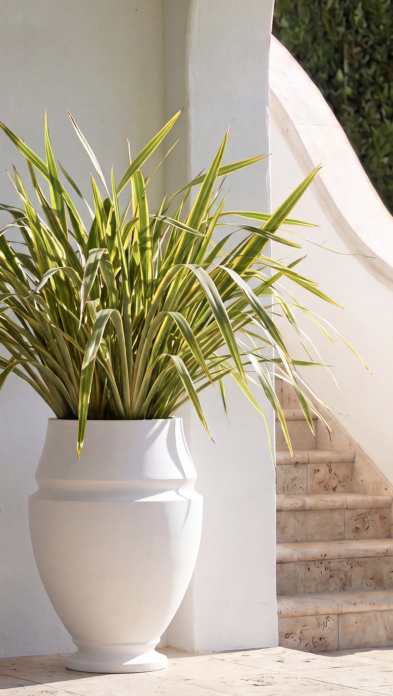 Artifact 05 planted with variegated grasses beside stone steps