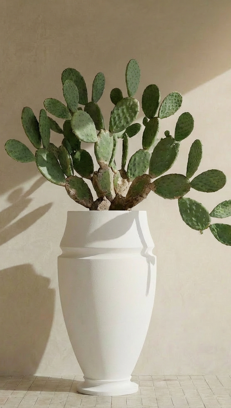 Artifact 06 holding a prickly pear cactus against a plaster wall