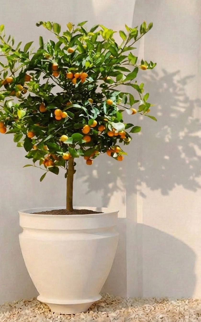 Artifact 07 planted with a fruiting citrus tree against a sunlit wall