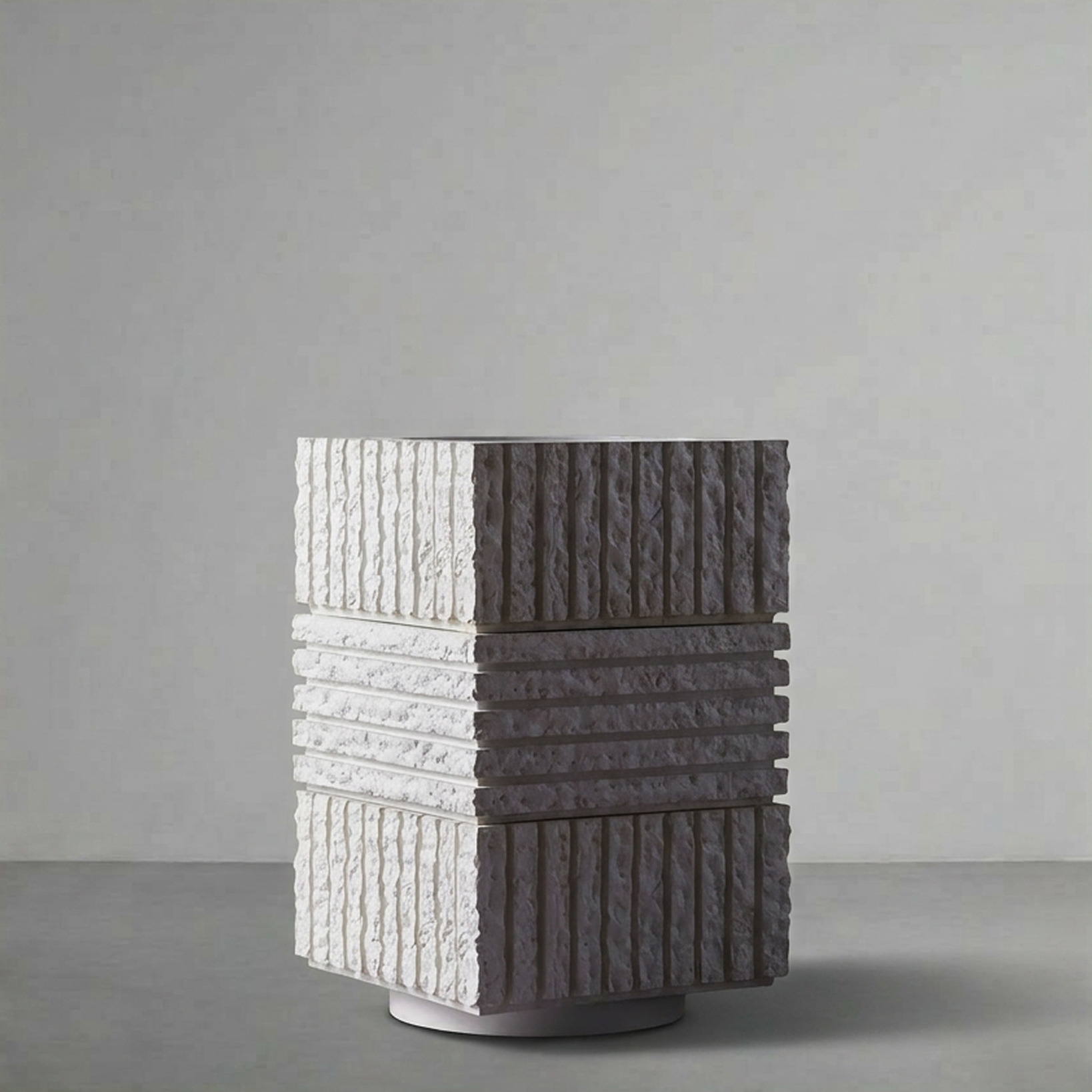 Atlas III on a grey studio backdrop, its chiselled surface split white and charcoal
