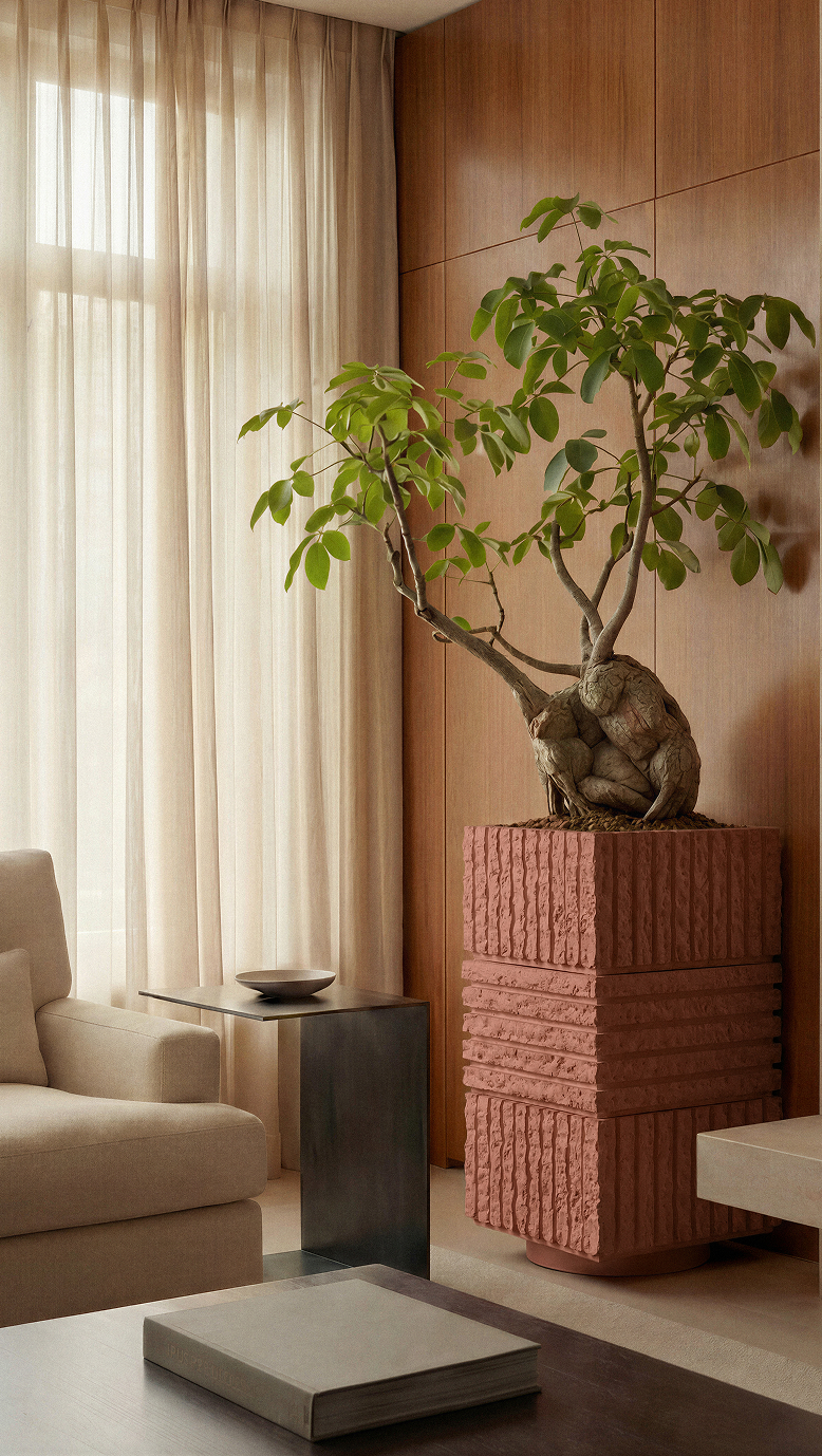Atlas III in a warm terracotta finish, holding a small bombax tree in a living room
