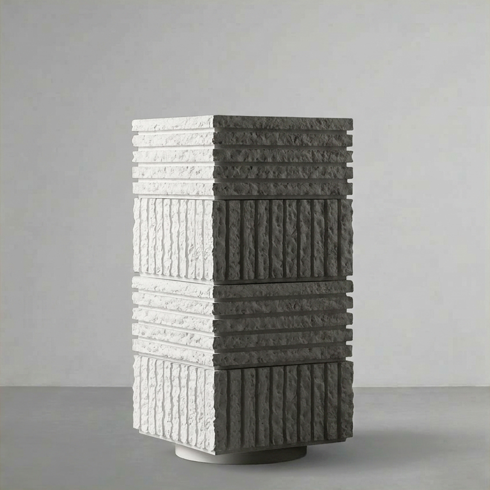 Atlas IV on a grey studio backdrop, four chiselled segments split white and charcoal