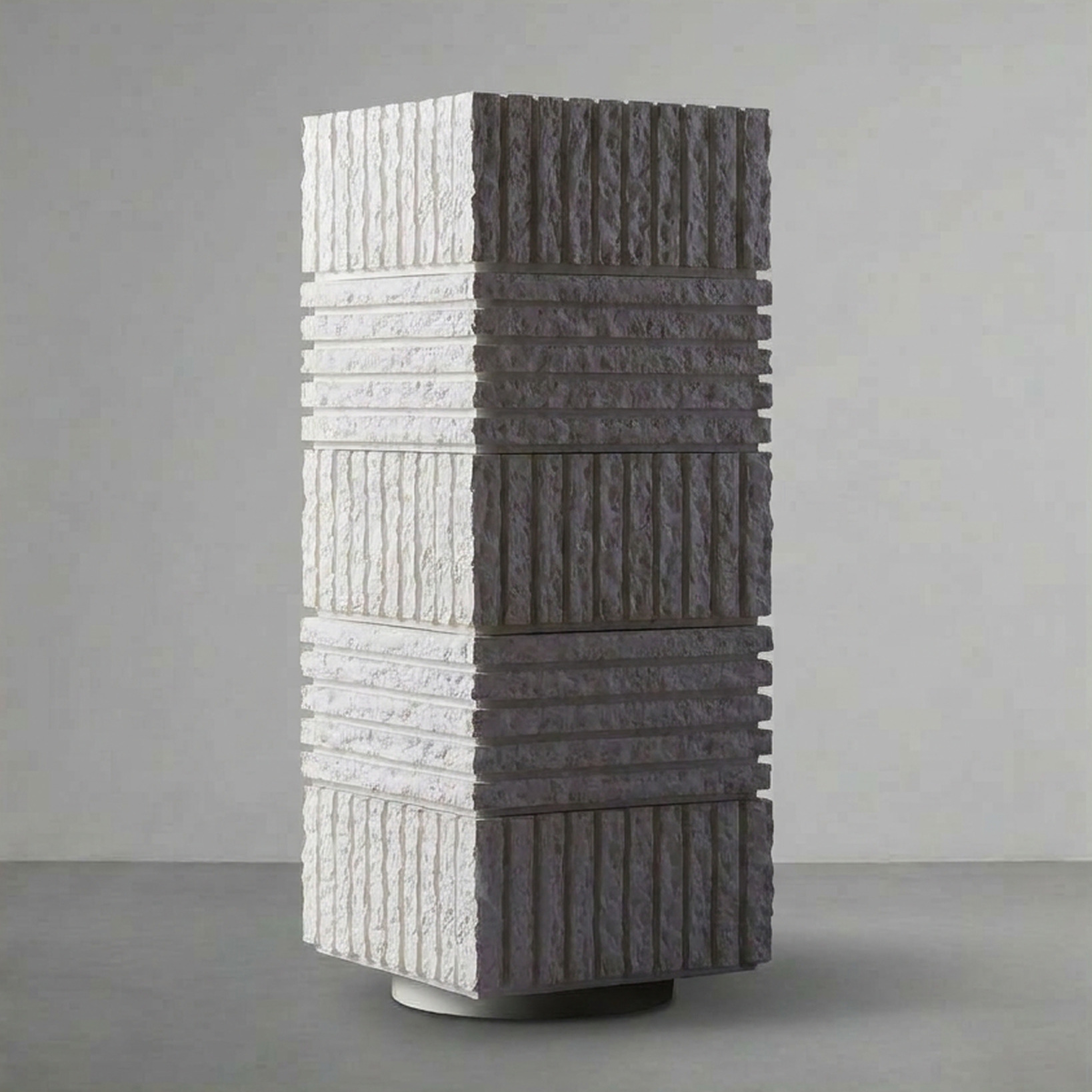 Atlas V, the tallest chiselled column, split white and charcoal, on a grey studio backdrop