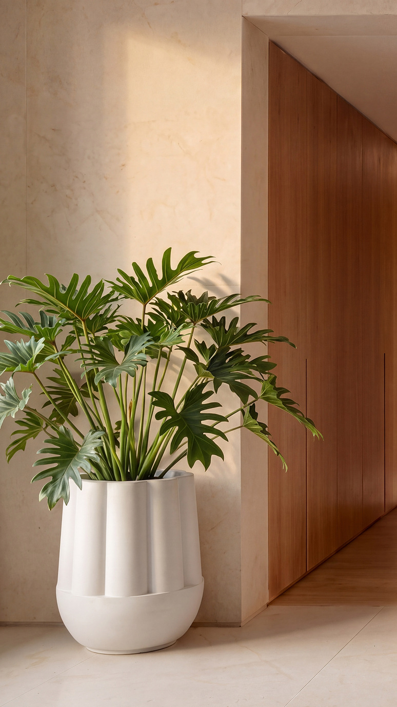 Byblos 01 planted with a small philodendron beside a wood-panelled wall