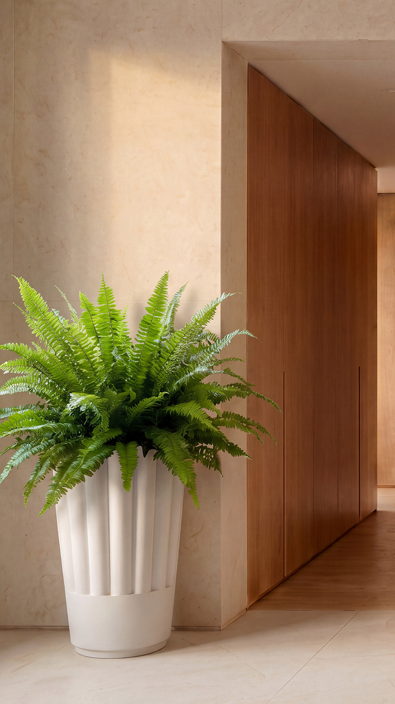 Byblos 02 planted with a fern beside a wood-lined doorway