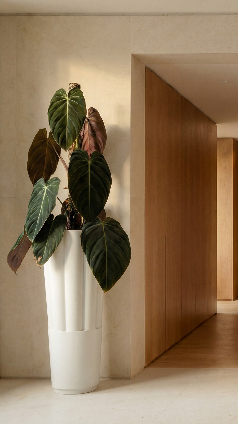 Byblos 03 planted with large round-leafed alocasia foliage beside a wood-lined doorway