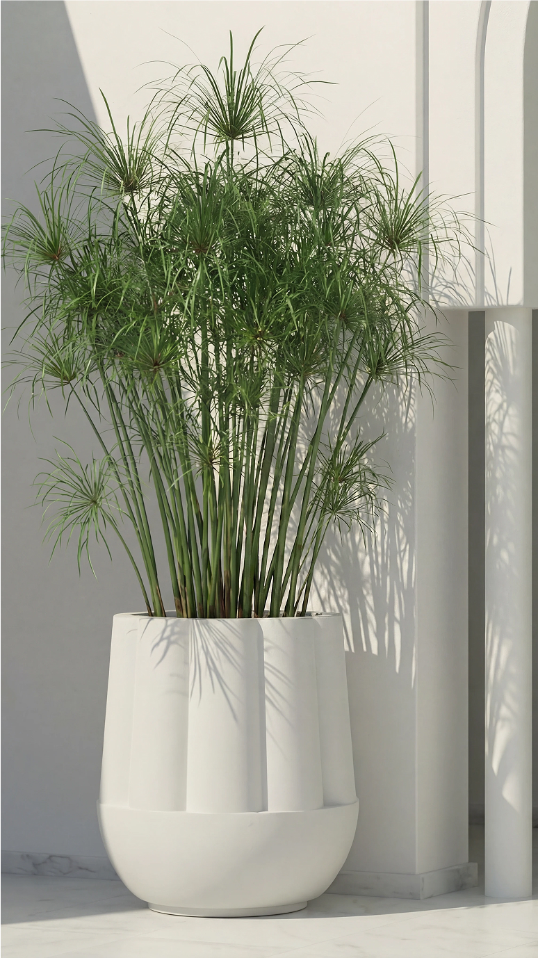 A Byblos planter holding tall papyrus-like grasses