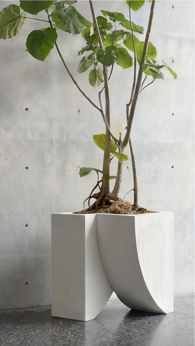 Icarus 01 planted with a slender tree against a board-formed concrete wall