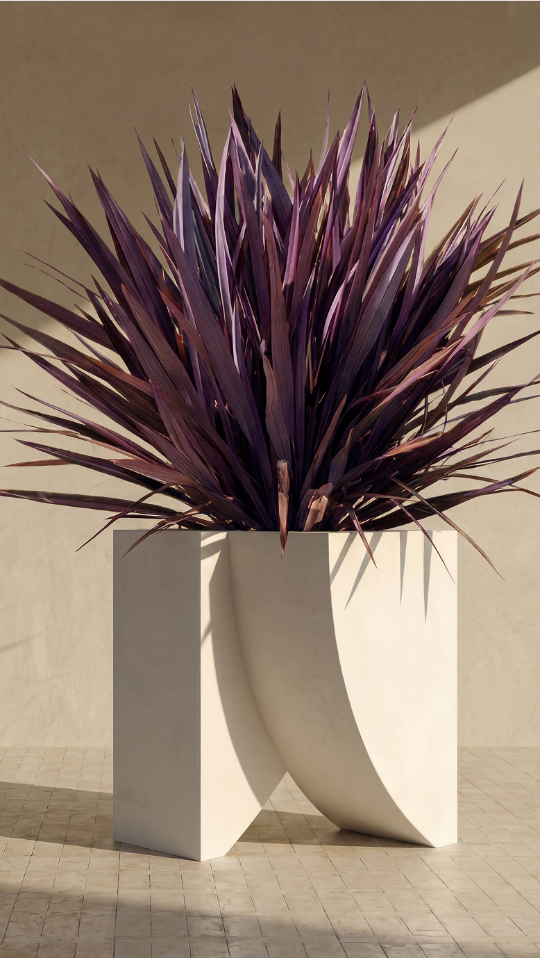 Icarus 01 planted with a purple spiky cordyline in bright sun