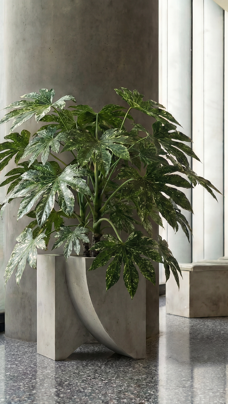 Icarus 02 planted with a lacy-leafed tree beside stone columns