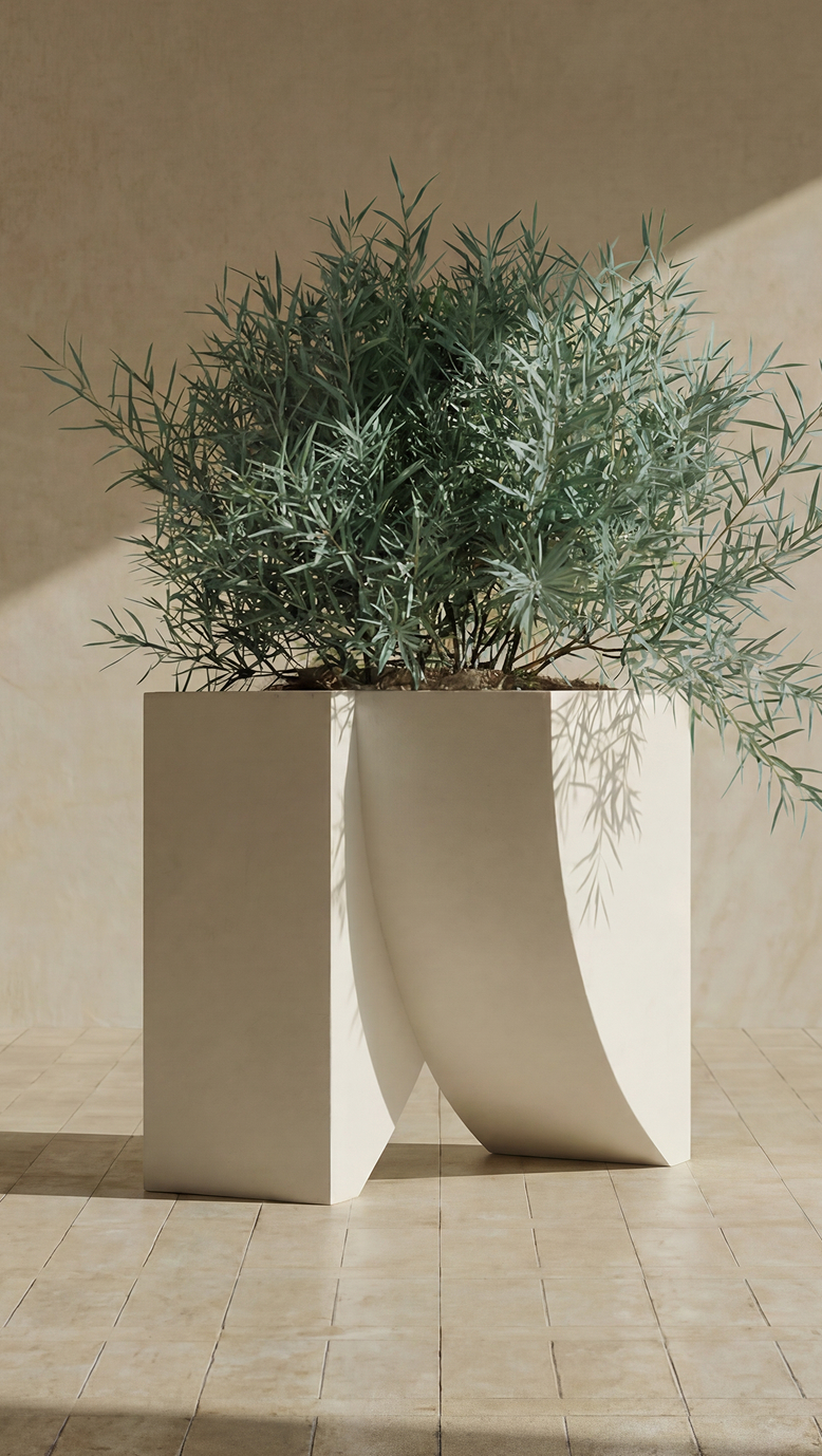 Icarus 02 planted with silvery olive foliage on a paved terrace