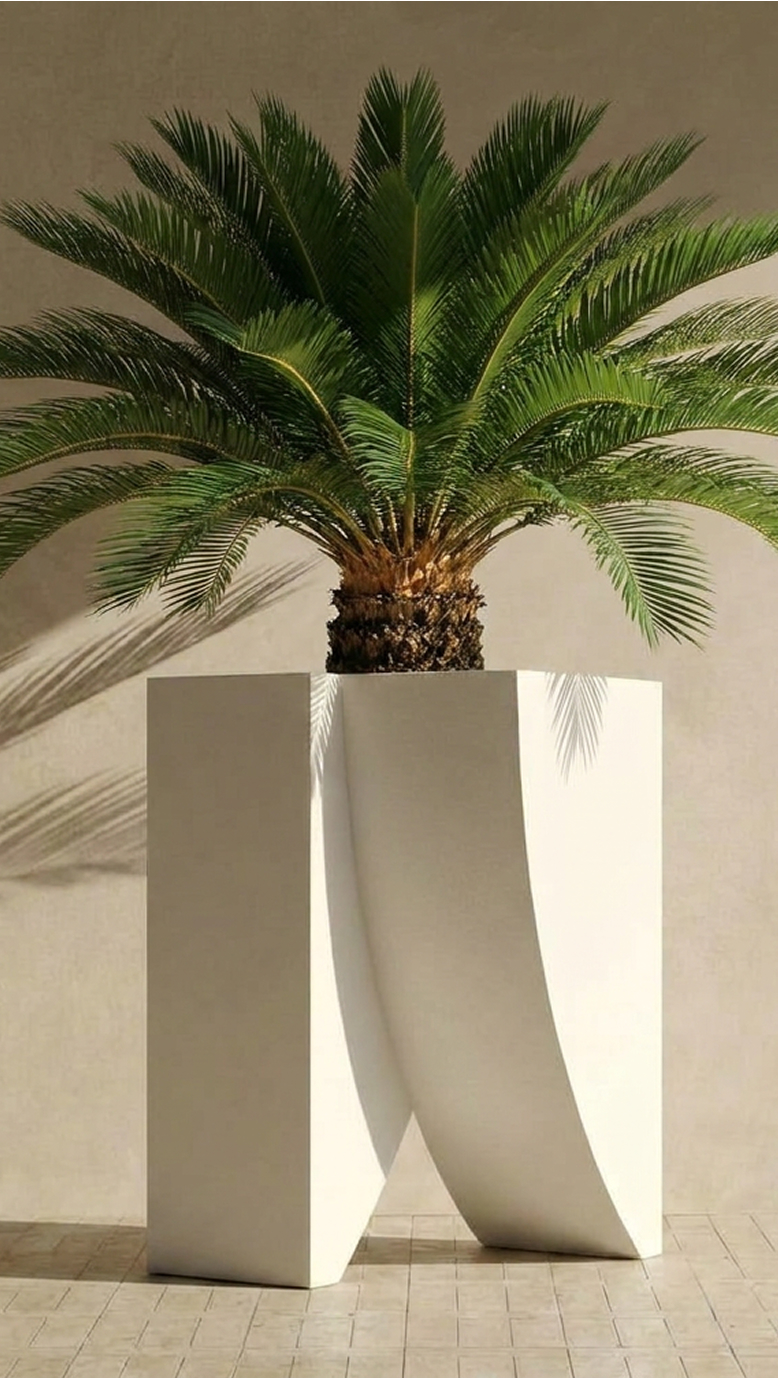 Icarus 03 planted with a sago palm against a warm wall