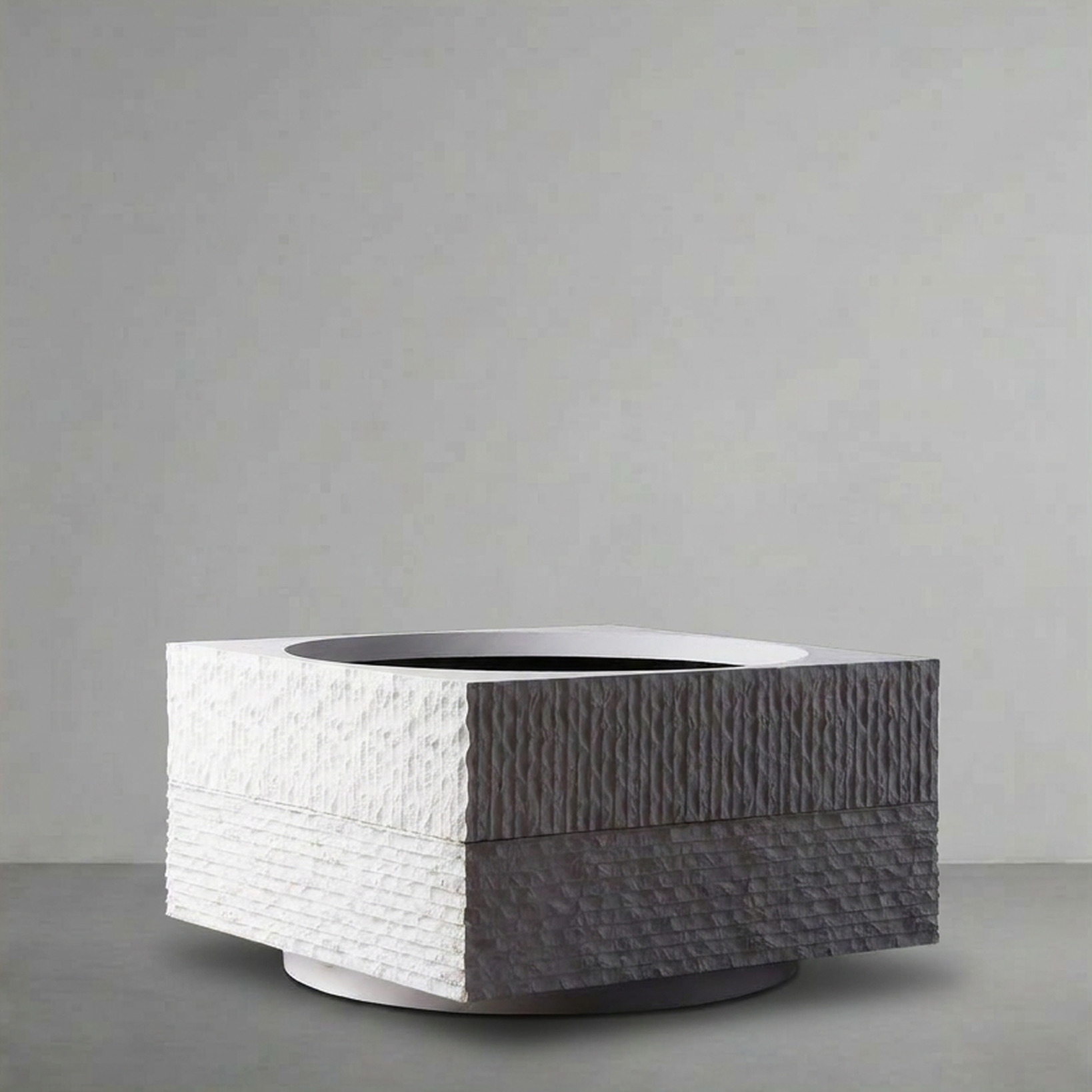 Janus II, a square planter split white and charcoal, on a grey studio backdrop