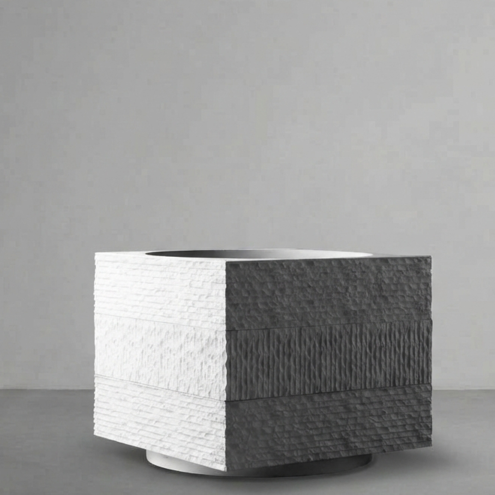 Janus III, a deep cube split white and charcoal, on a grey studio backdrop