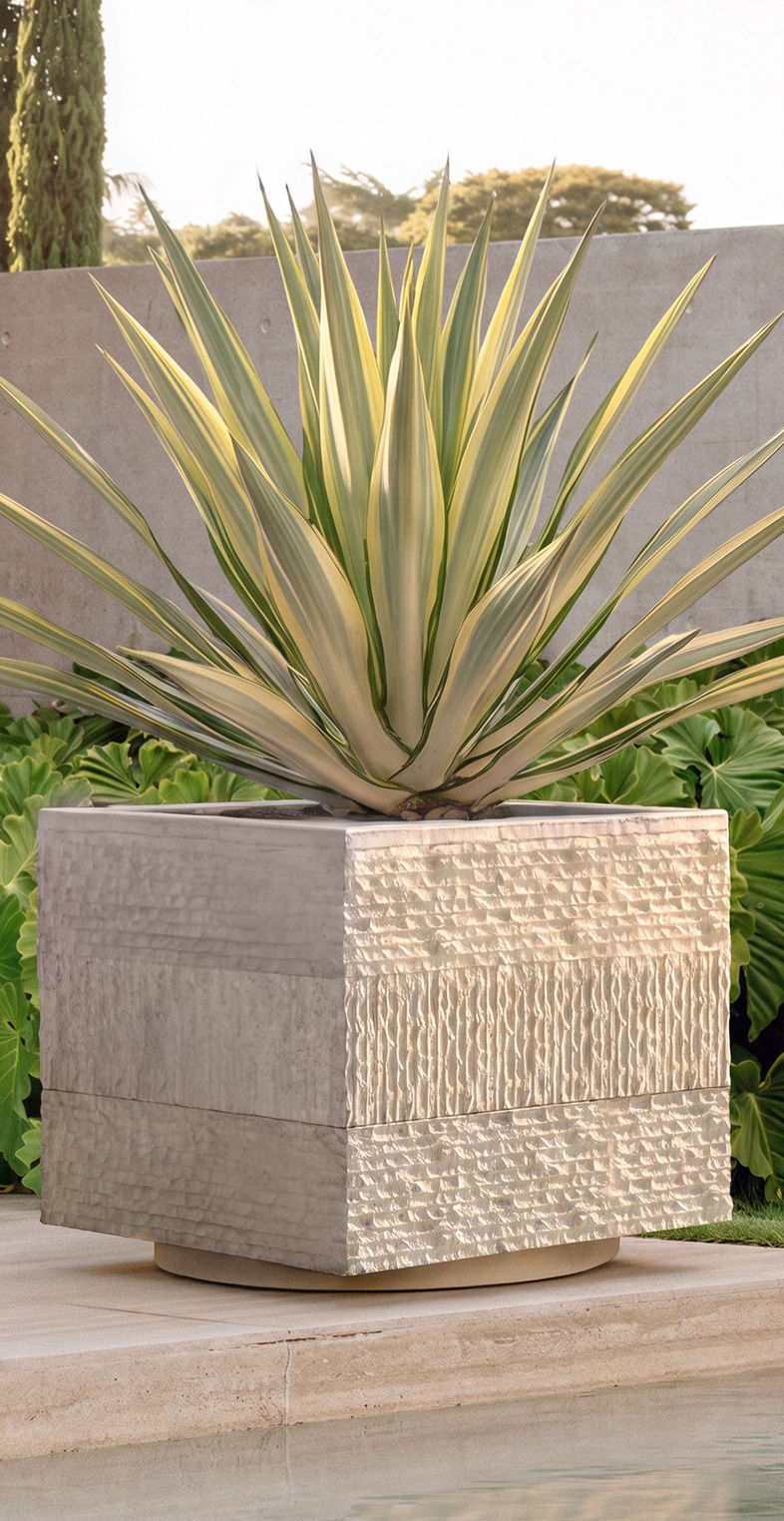 Janus III planted with a variegated agave beside a pool, backed by broad-leafed plants