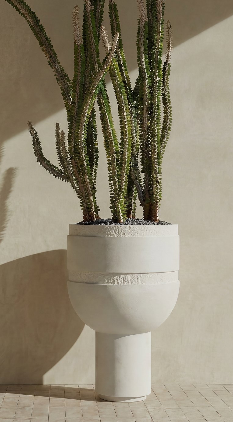 Orion Chalice planted with column cacti against a sunlit wall